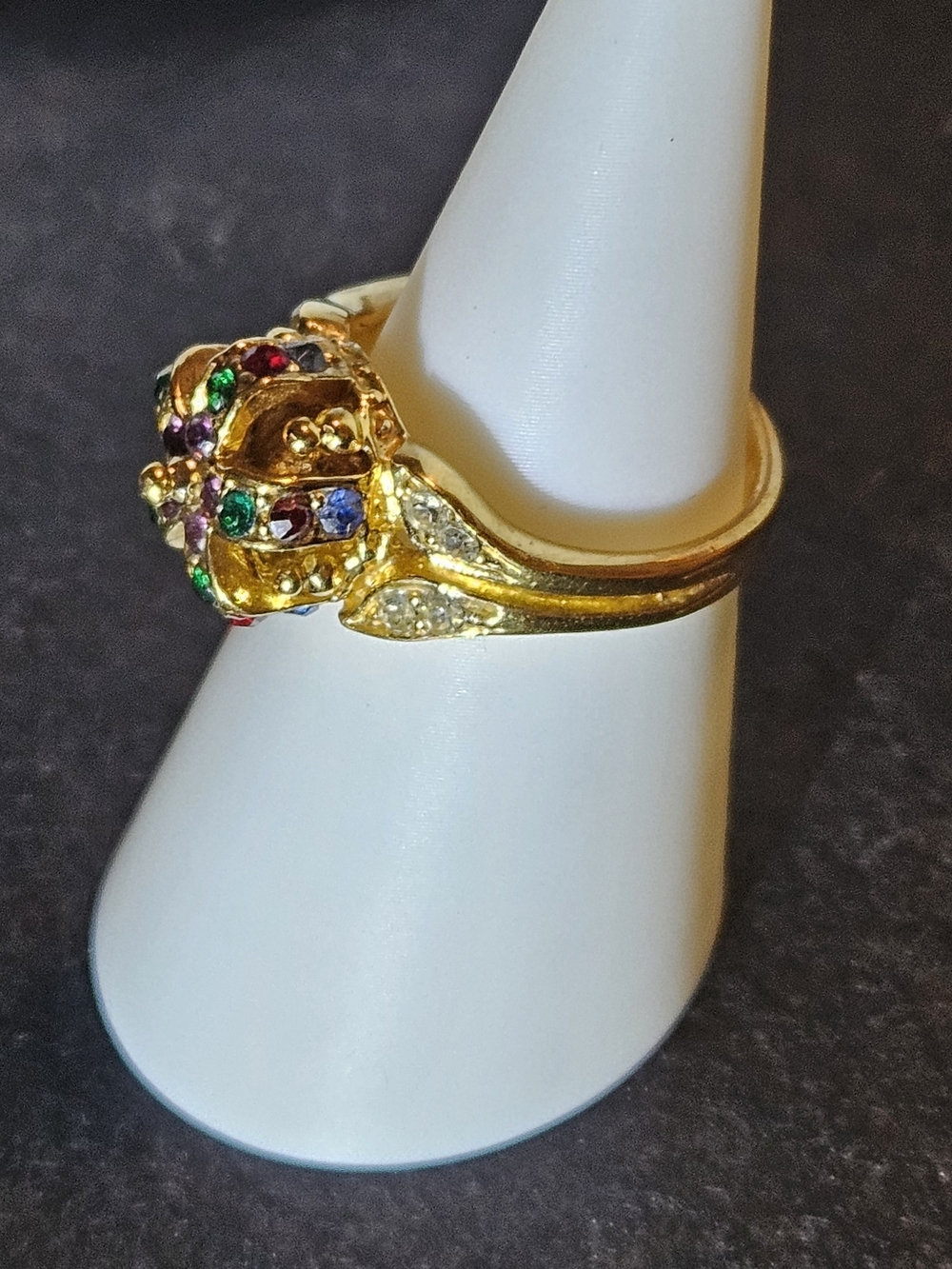 J. Lindeberg Gold Floral Crown Ring with Green, Purple & Red Stones. Size 8 - Picture 3 of 9